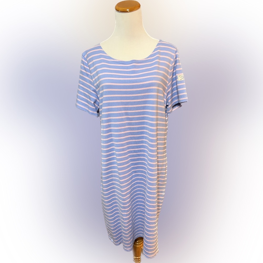 Joules, short sleeve, light blue and pink stripe dress. Size 14